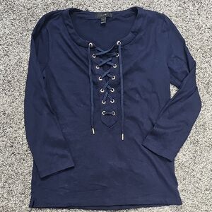 J. Crew Blue Lace-Up 3/4 Sleeve Blouse
